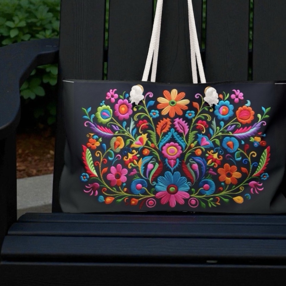 Bamba Floral black weekender purse / soft tote bag 24 x 13 pink red blue flowers